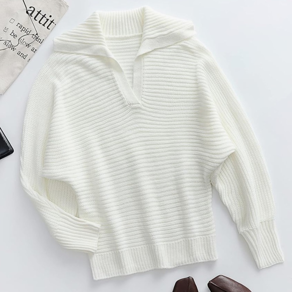 ECOWISH Womens Knit Sweaters V Neck Pullover Long Sleeve Plain Sweater